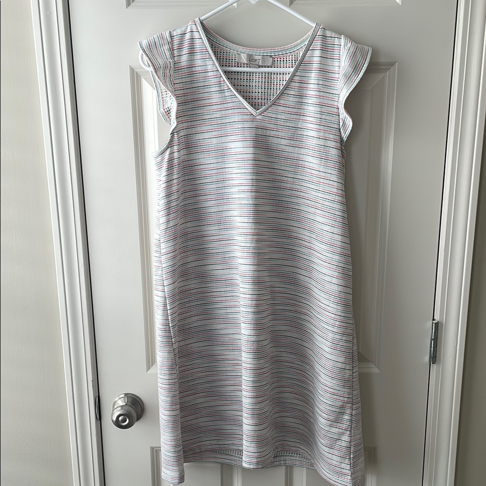 LOFT White Ruffle Sleeve Shift Dress with Multi Stripe